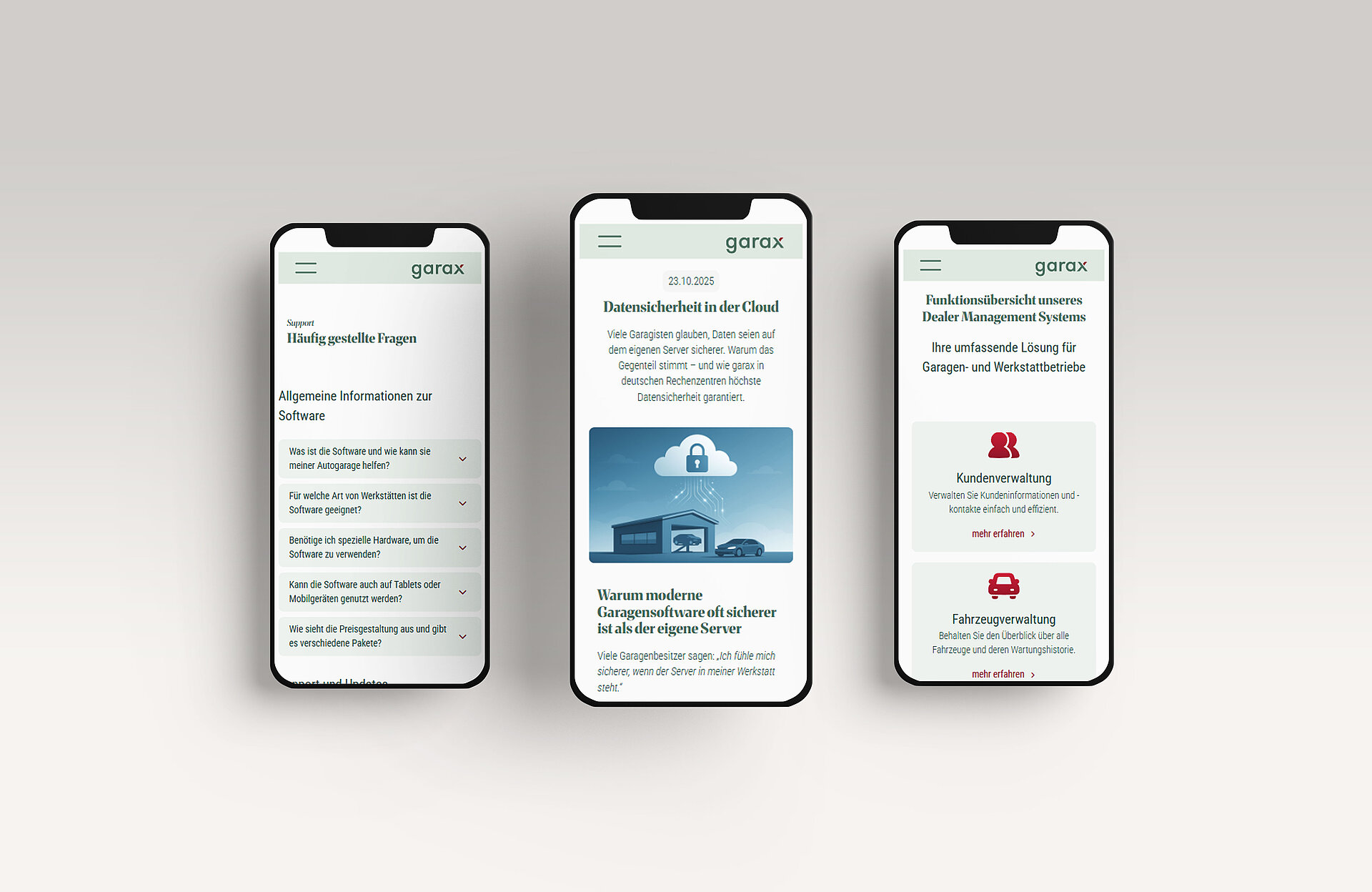Launch Webseite für Garagensoftware garax - responsive Ansicht