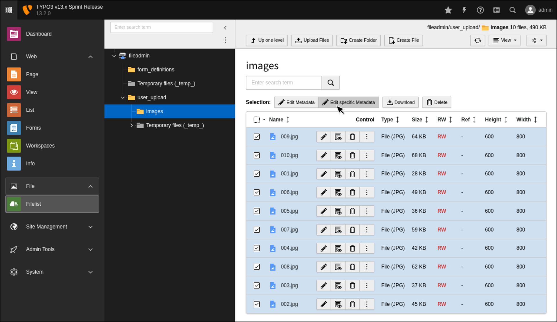 Edit specific metadata in the Filelist module